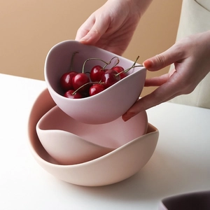 Morandi ceramic lotus wave bowls set in matte pink and purple colors for creative fruit display