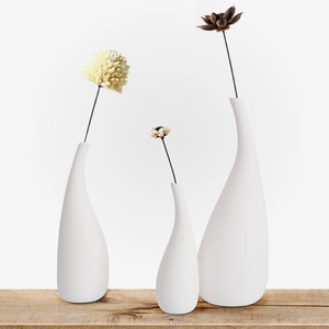 Set di tre vasi minimalisti in ceramica bianca opaca con fiori secchi su legno