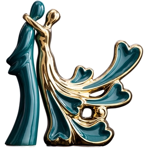 Noords abstract geliefden sculptuur van keramiek in smaragdgroen en goud decor