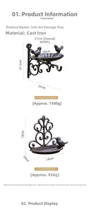 Detailed view of vintage cast iron bird feeder hook and decorative garden storage tray