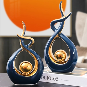 Modern ceramic abstract sculptures in navy blue and gold for living room luxury decor