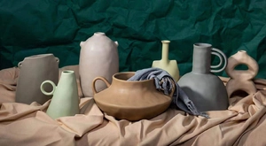 Detailed close-up of Morandi ceramic vases with matte texture and unique artistic shapes