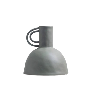 Minimalist matte grey ceramic vase with dual-loop handles and wide base in Nordic style