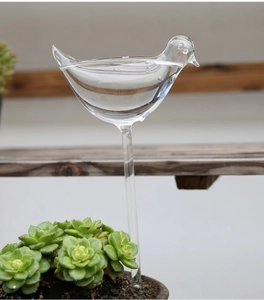Close-up of a bird-shaped glass plant waterer inserted into a succulent flowerpot