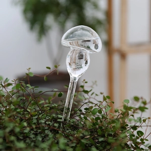 Clear glass mushroom automatic watering globe for indoor plants shown in a lush garden