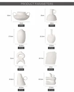 Detaillierte Maße für minimalistische weiße Keramikvasen in acht Kunststilen