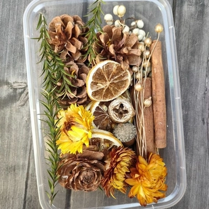 Kerst decoratieset met dennenappels, gedroogde citroenschijfjes, kaneelstokjes en droogbloemen