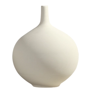 Minimalist off-white ceramic vase with textured horizontal lines for home decor