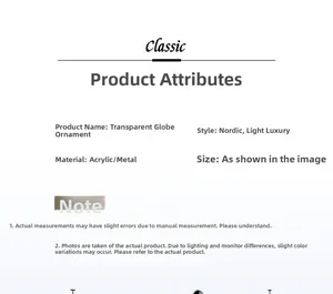 Detailed specifications for transparent acrylic globe ornament with metal stand