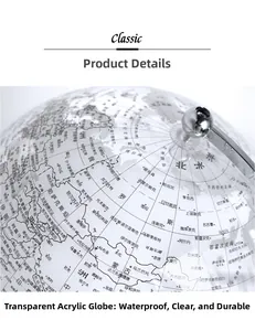 Detail of transparent acrylic globe with clear geographical text and metallic stand