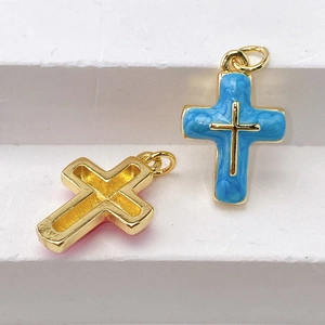 Sky blue enamel and gold hollow cross pendants for DIY jewelry making and necklaces