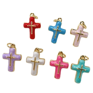 Set of 7 colorful enamel cross pendants with gold plating for DIY jewelry making