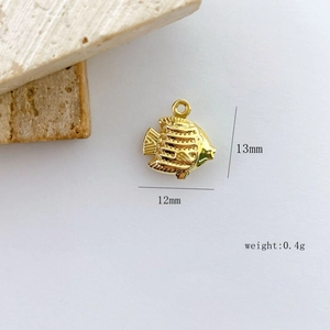 Detailed view of gold tropical fish charm with scales and 13mm size dimensions