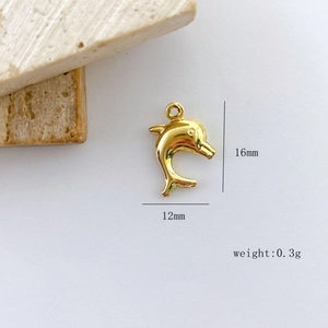 Detail view of a 16mm gold dolphin pendant with dimensions and weight 0.3g shown