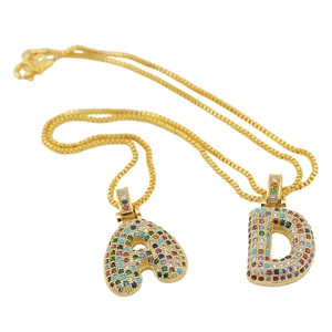 Gold plated hip hop necklace with colorful zircon micro-paved capital A and D letter pendants