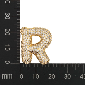 Detailed size measurement of a gold zircon-set letter R pendant showing 24mm height