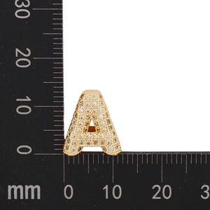Macro view of gold initial A pendant with white zircon stones and size measurements