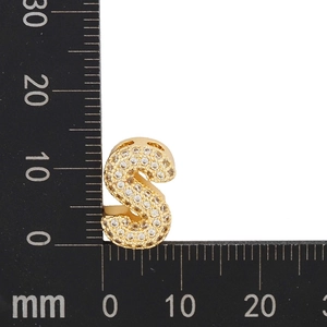 Macro shot showing dimensions of gold plated S letter pendant with cubic zirconia