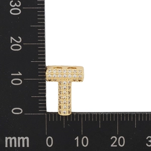 Macro shot of gold letter T pendant with zircon inlay measured against a ruler