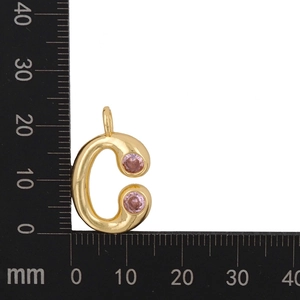 Detailed measurement of gold letter C pendant with pink stones showing height of 18mm