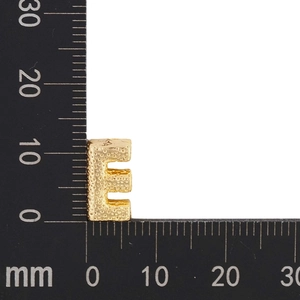 Detail macro of 10mm gold letter E pendant with sandblasted texture on scale