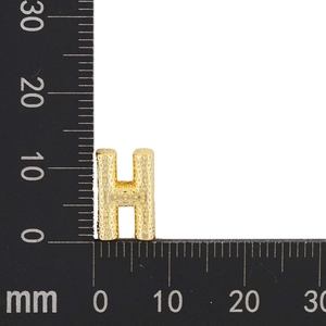 Macro detail showing a textured gold letter H pendant measured with a metric scale ruler