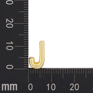 Detail showing letter J gold pendant size measurement of 10mm height with pebble texture