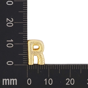 Detailed measurement of gold-plated letter R pendant showing size 12mm x 10mm and texture