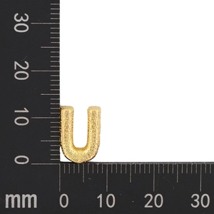 Detailed macro view of 12mm gold letter U pendant with textured sandblast finish and ruler