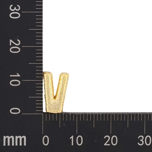 Detail view of a 12mm gold-plated letter V pendant with textured surface and measurements