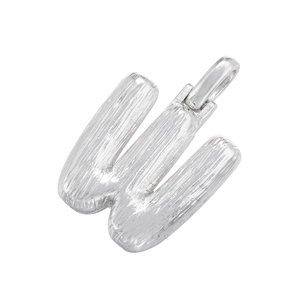 Minimalist silver letter W pendant with brushed texture finish on white background
