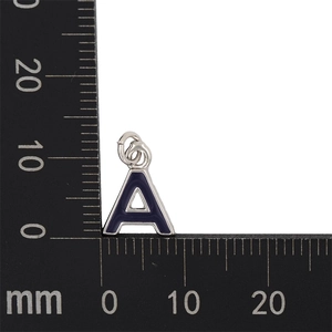 Detailed size measurement of a blue enamel letter A charm in silver metal frame