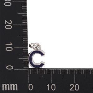 Detailed size measurement of a 10mm blue enamel letter C pendant with silver metal edge