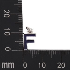 Detailed measurement of a 3D silver letter F pendant with deep blue enamel filling