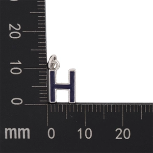 Macro shot of a silver letter H pendant with purple enamel inlay on a metric scale