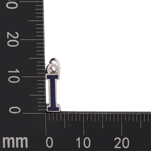 Detailed measurement of blue enamel letter I pendant with silver metal jump rings