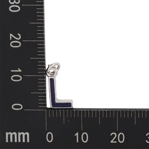 Detailed size measurement of a purple enamel letter L pendant with silver metal frame