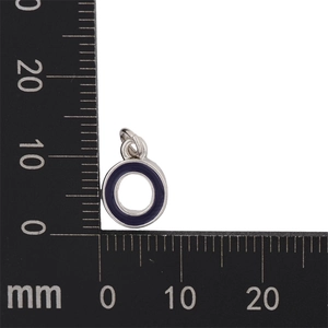 Macro view of blue enamel letter O charm with measurement scale showing 15mm height