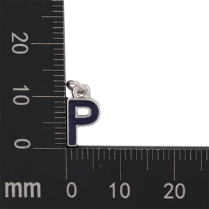 Detailed close-up of dark blue enamel letter P pendant with ruler showing 12mm height size