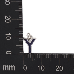 Macro shot showing 10mm blue enamel letter Y pendant with silver metal scale measurements