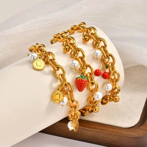 Bracciale a Catena Grossa in Acciaio Inossidabile Con Künstliche Perle Artificiali Ciondoli Ciliegia Fragola Moneta Gioielli Donna