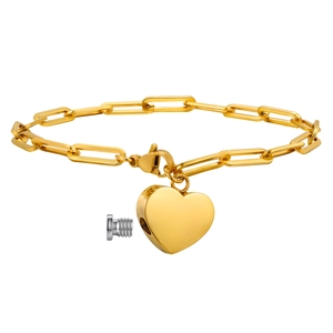 Goldenes Edelstahl-Gliederarmband mit poliertem Herz-Urnenanhänger für Damen