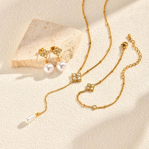 Parure de bijoux trèfle doré avec zircons, perles, collier, bracelet et boucles