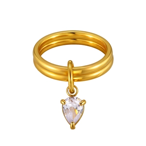 Goldener Edelstahlring mit Doppelband und funkelndem Zirkonstein in Tropfenform