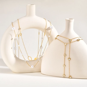 Collana In Acciaio Inossidabile Placcato Oro Zircone Imitazione Perla Artificial Catena Lunga Gioielli Di Moda Eleganti Da Donna
