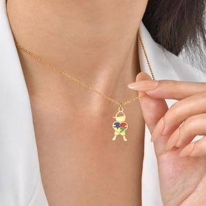 Collier en Acier Inoxydable Puzzle Cœur Sensibilisation Autisme Pendentif Silhouette Garçon Fille pour Enfants Bijoux Cadeau