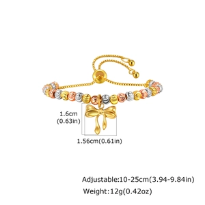 Detail of adjustable copper bead bracelet with tricolor beads and gold bow charm