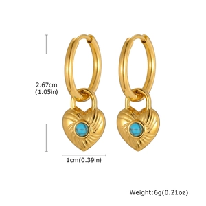 Detail view of heart lock earrings with turquoise stone and dimension markings