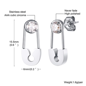 Detail showing 316L stainless steel safety pin earrings with AAA zirconia 15.5mm size