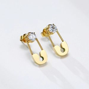 316L Stainless Steel Safety Pin Stud Earrings For Women AAA Cubic Zirconia Gold Silver Plated Industrial Style Jewelry